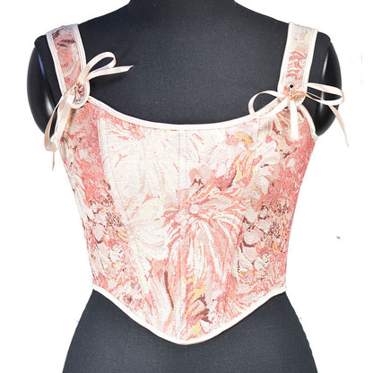 Renaissance Oil Panting Pattern Jacquard Tie-Strap Corset Top - Pink Daisy