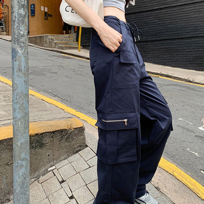 High Waist Buckle Detail Cargo Wide Leg Trousers in Navy Blue