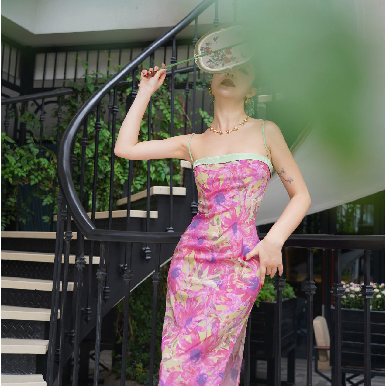 Elegant Floral Print Satin Midi Dress - Monet Garden