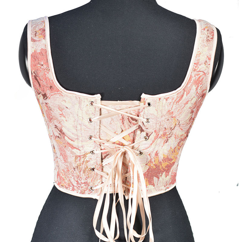 Renaissance Oil Panting Pattern Jacquard Tie-Strap Corset Top - Pink Daisy