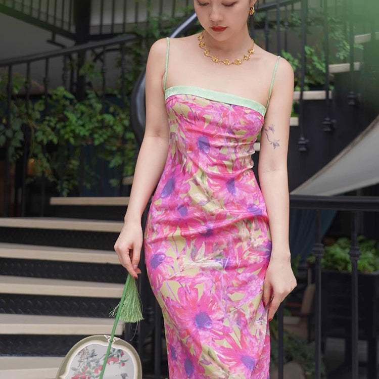 Elegant Floral Print Satin Midi Dress - Monet Garden