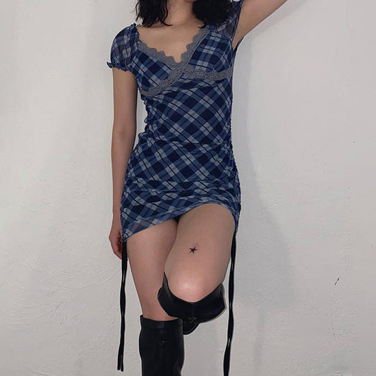 V-neck Short Sleeve Plaid Tulle Mesh Mini Dress in Navy