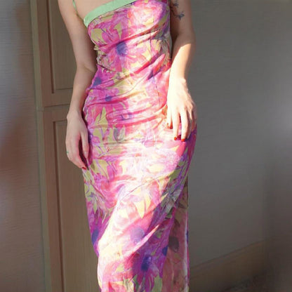 Elegant Floral Print Satin Midi Dress - Monet Garden