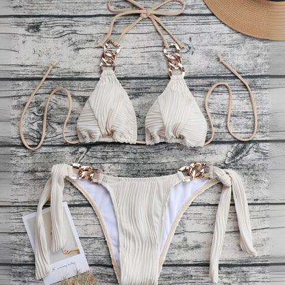 Blake Chain-trimmed Textured Triangle Bikini Top - Beige