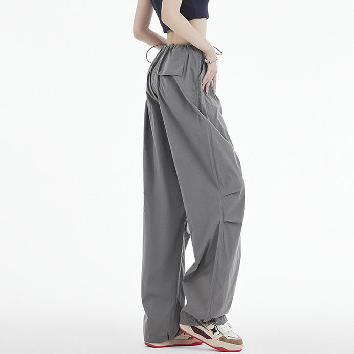 Retro Ruched Drawstring Waist Cargo Parachute Pants in Grey